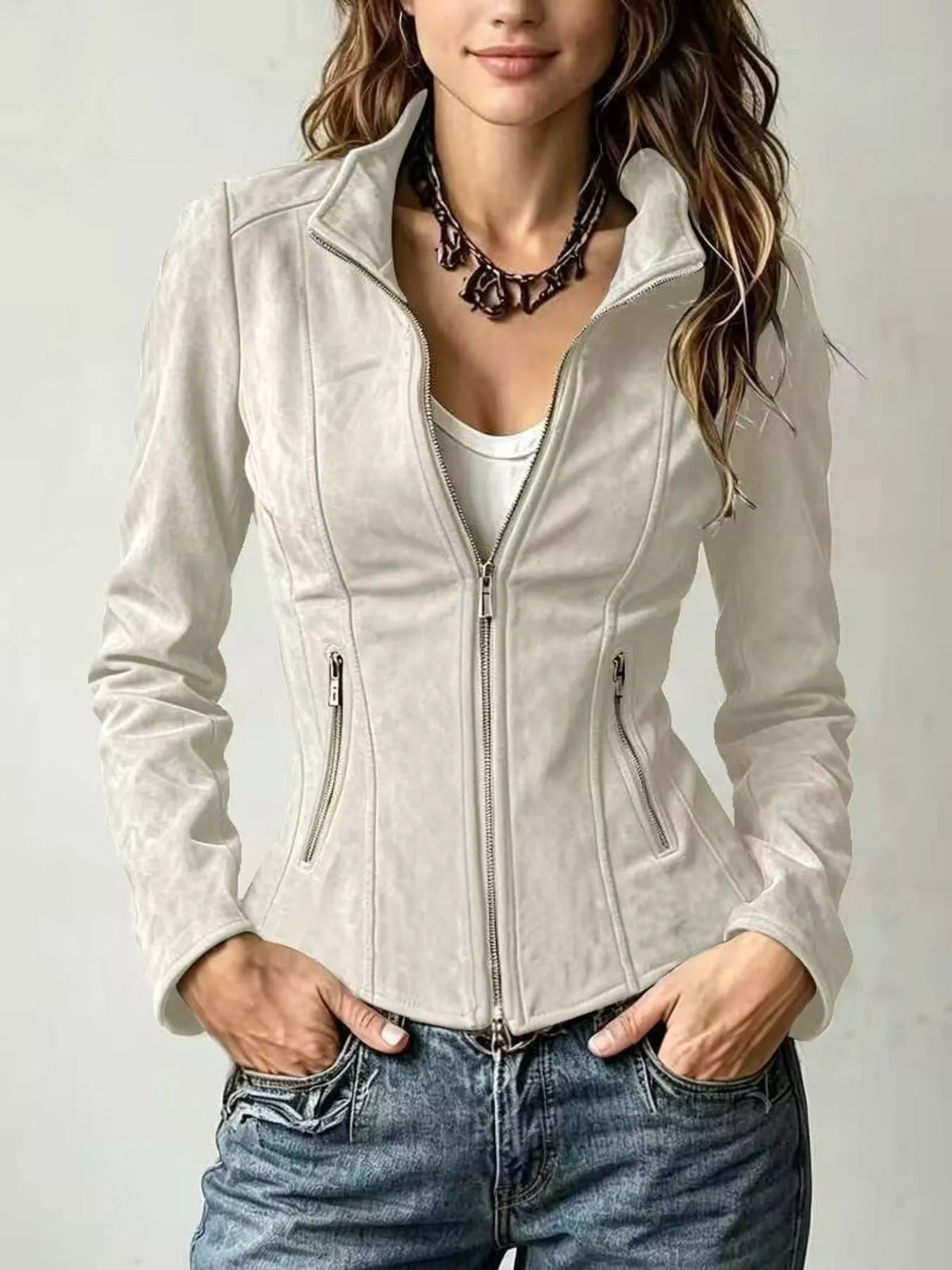 Beige slim-fit zip-up jacket