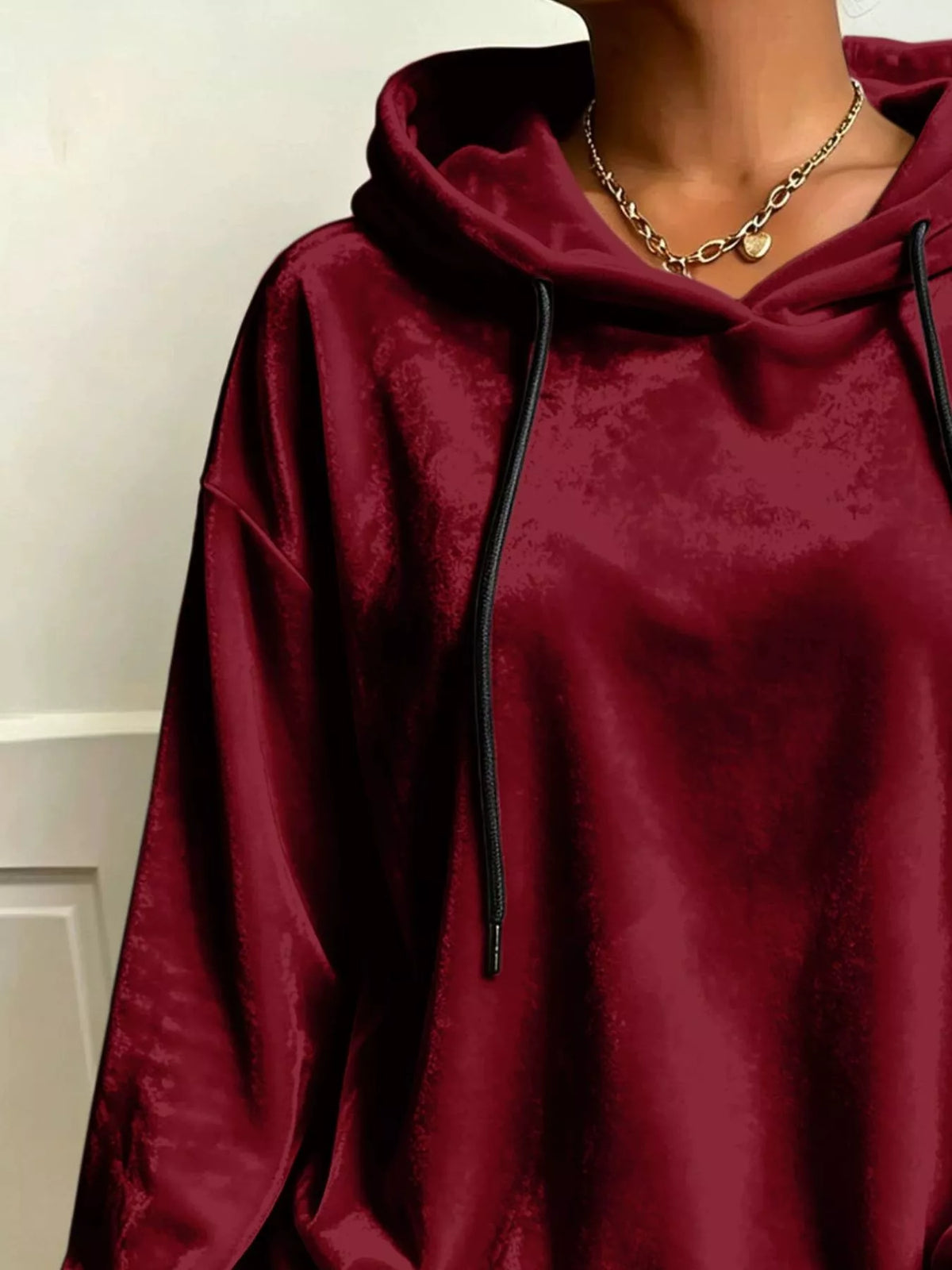 Burgundy velvet drawstring hoodie, hood and drawstring neckline