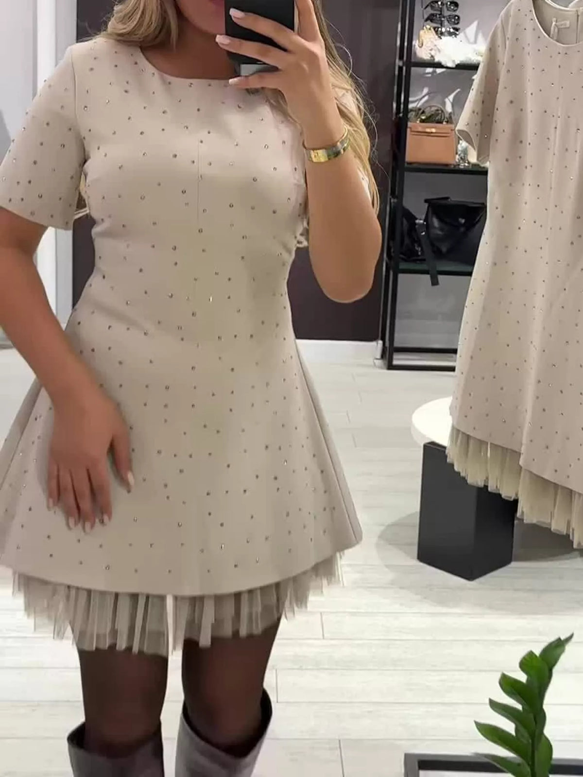 Beige rhinestone a line mini dress with tulle hem, front view