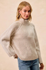 Trendsi BiBi Two Tone Rib Texured Knit Collared Top with Zip Up -