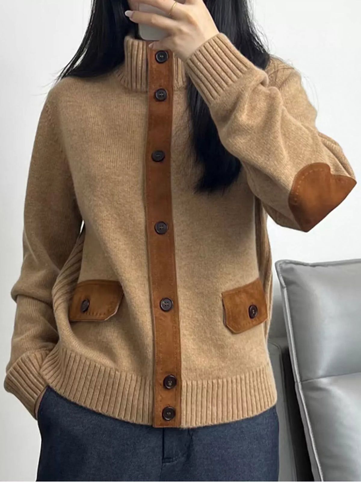 Ribbed-Knit Mock Neck Cardigan in camel, front view