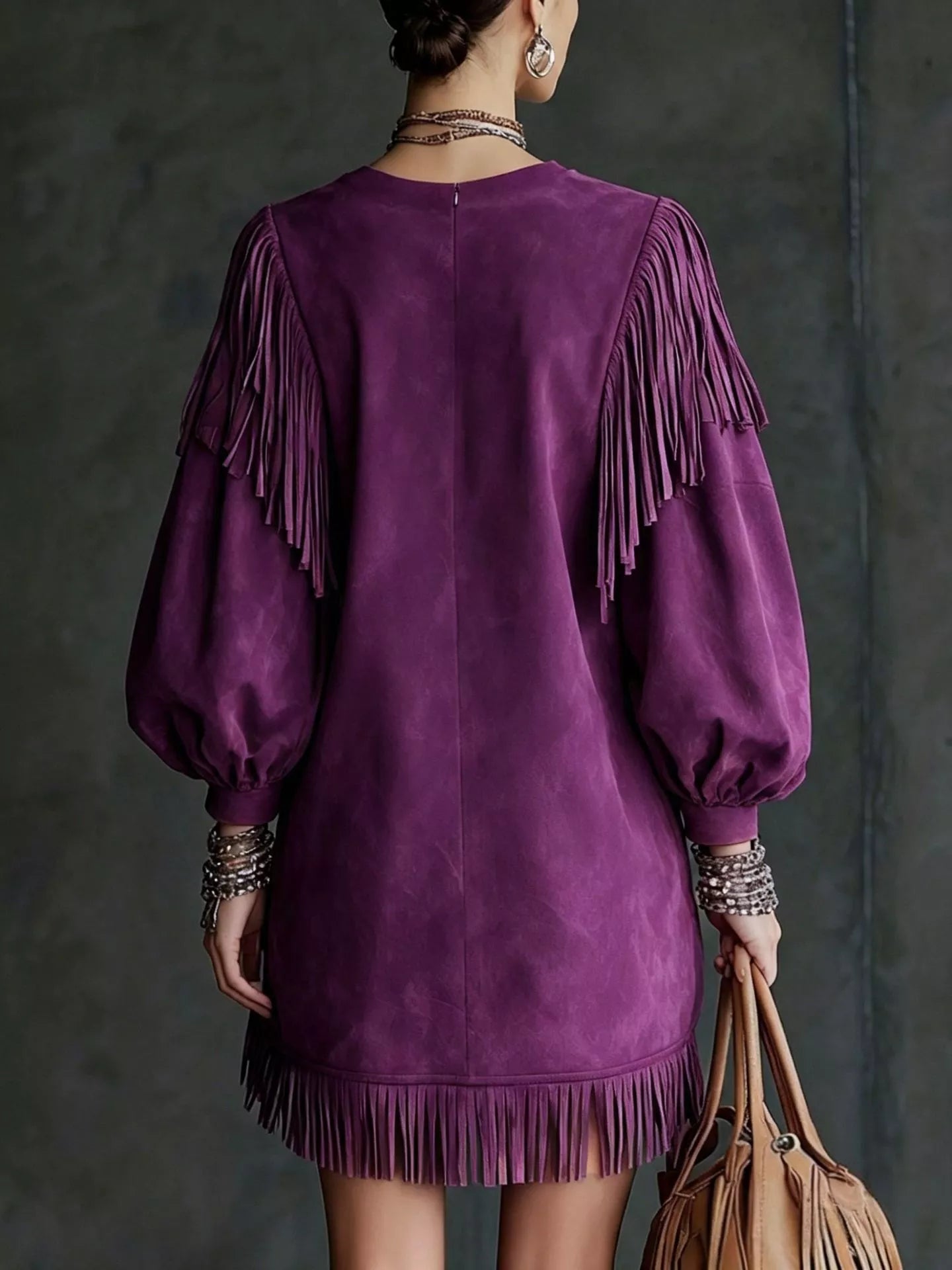 Trendsi Fringe Detail Lantern Sleeve Mini Dress -