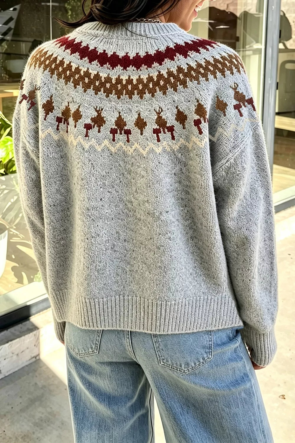 Women's Fair Isle Patterned Crew Neck Sweater in Light Gray, alternate view