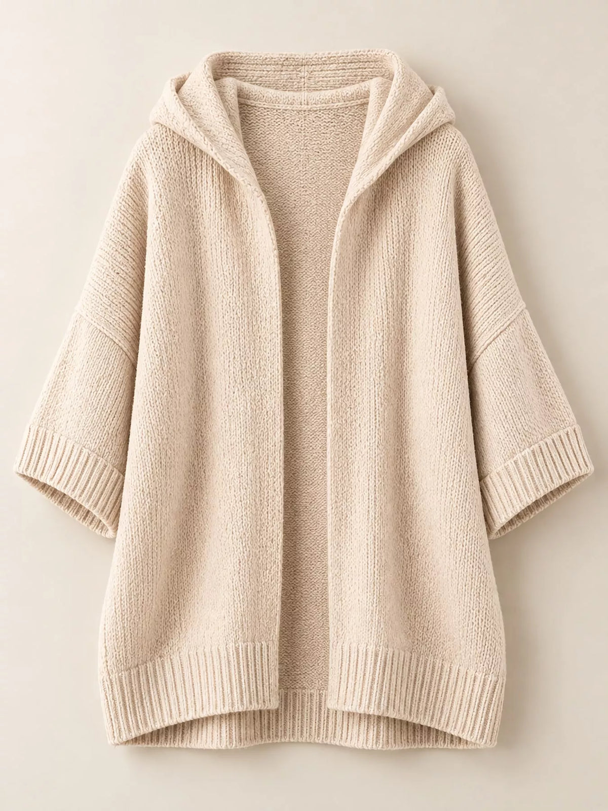Hooded knit cardigan, beige flat lay