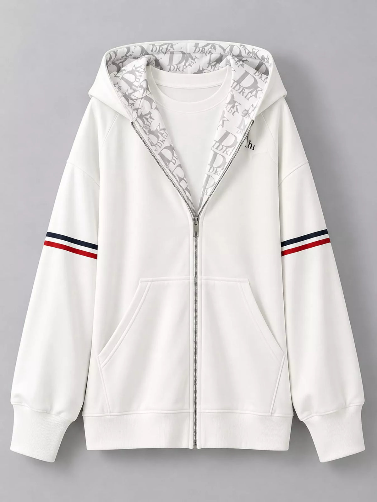 Oversized Zip-Up Hoodie with Striped Sleeves in white