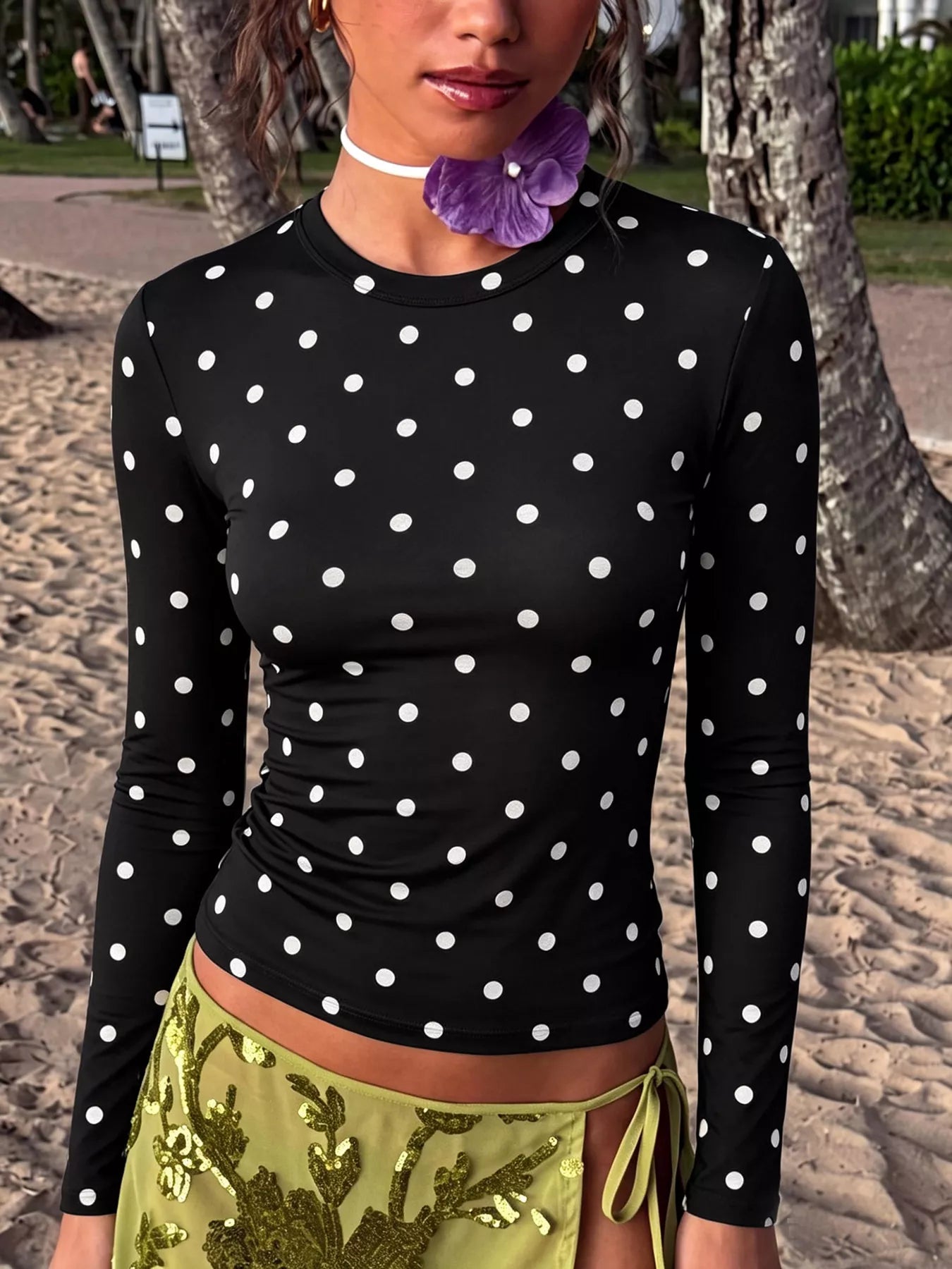 Trendsi Long Sleeve Polka Dot Slim Fit T-Shirt -