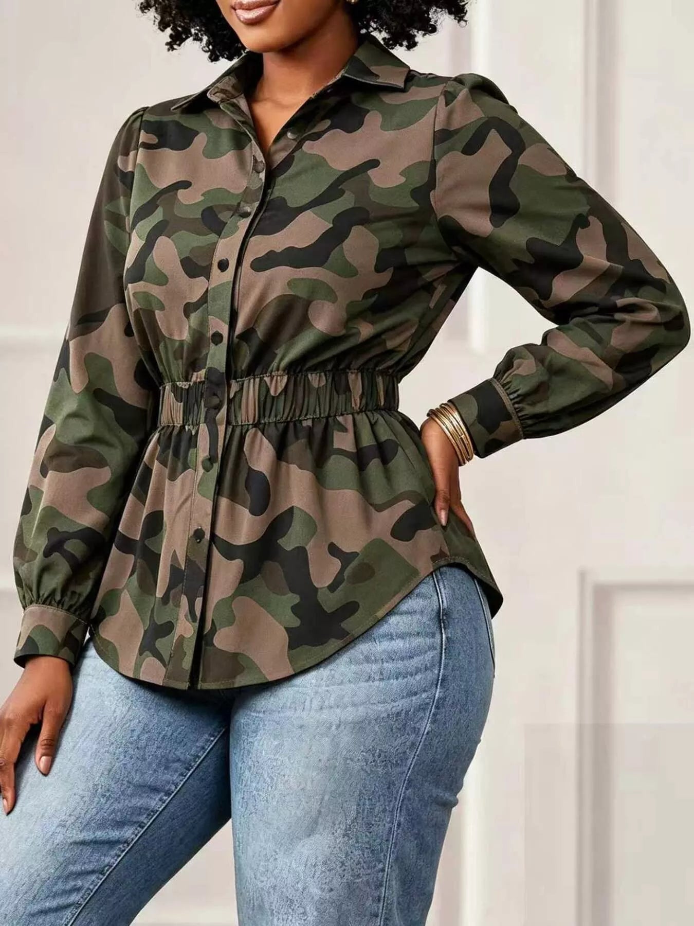 Trendsi Camouflage Button Front Long Sleeve Blouse -
