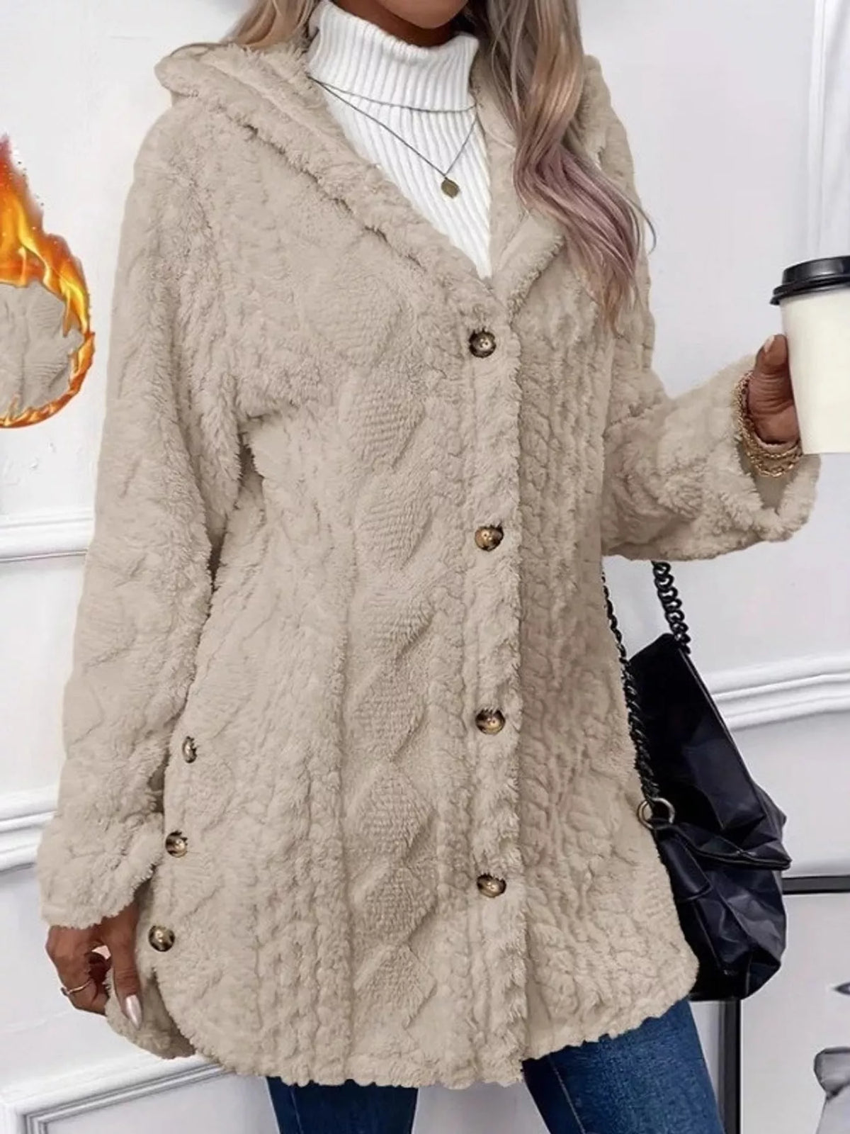 Beige cable knit faux fur hooded jacket