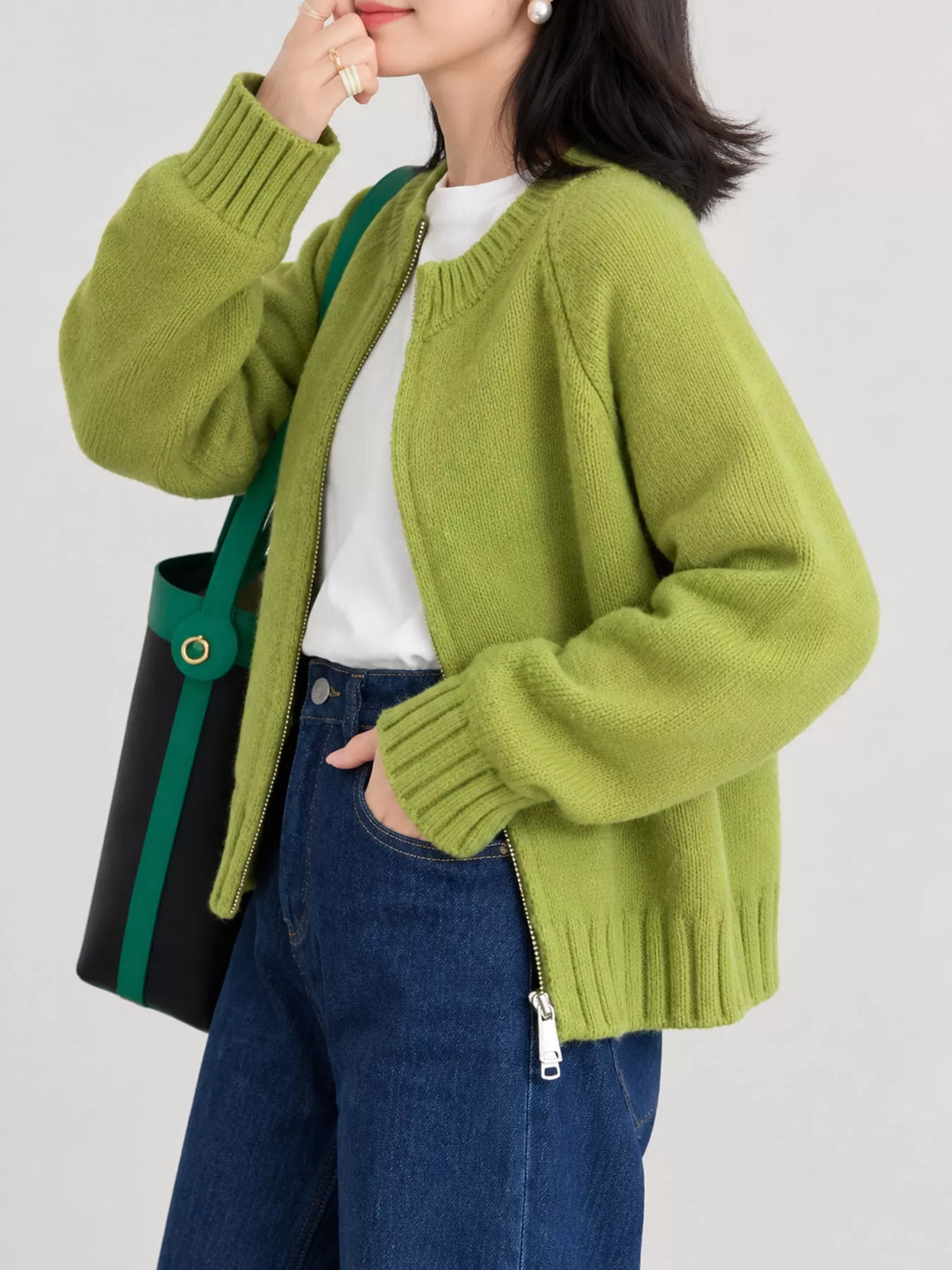 Ribbed-hem cardigan, green angled front