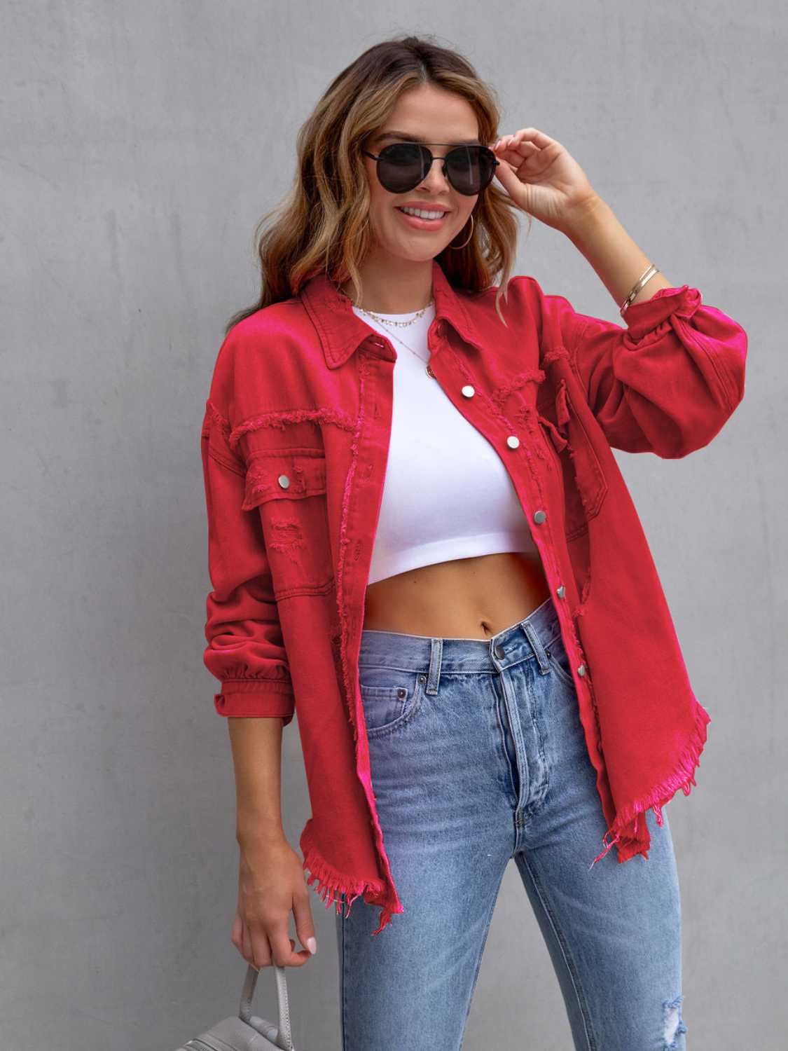 Trendsi Distressed Drop Shoulder Denim Jacket -