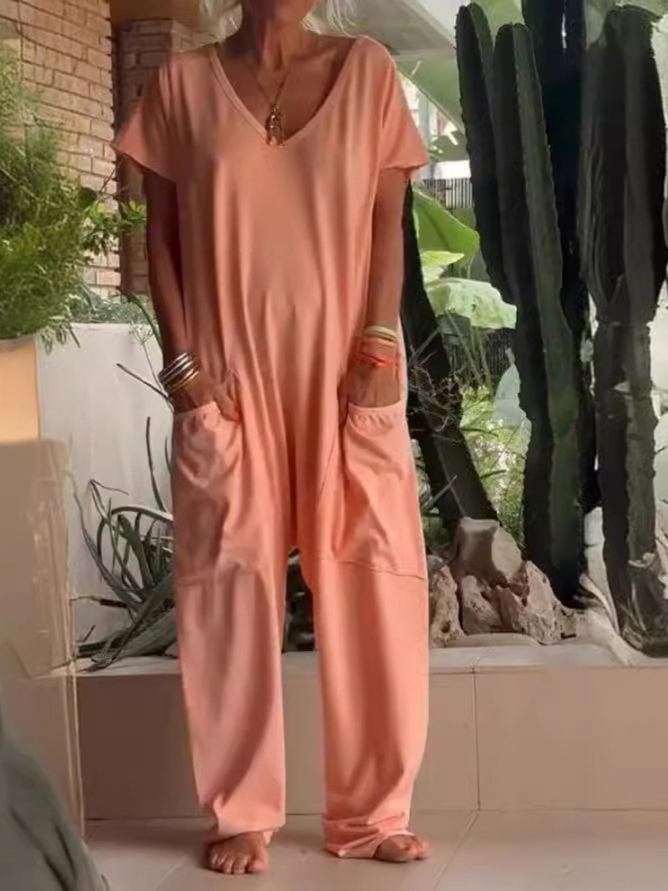 Trendsi Full Size Loose Fit V-Neck Short Sleeve Wide Leg Jumpsuit Plus Size -