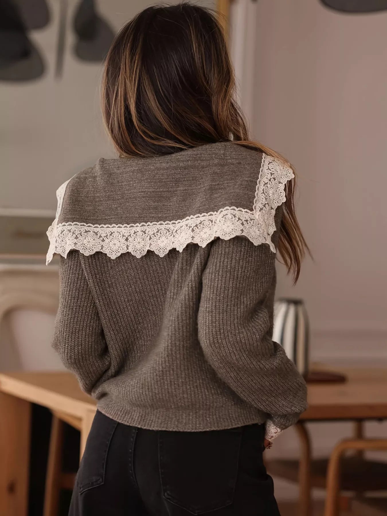 Trendsi Lace Detail Button Up Cardigan -