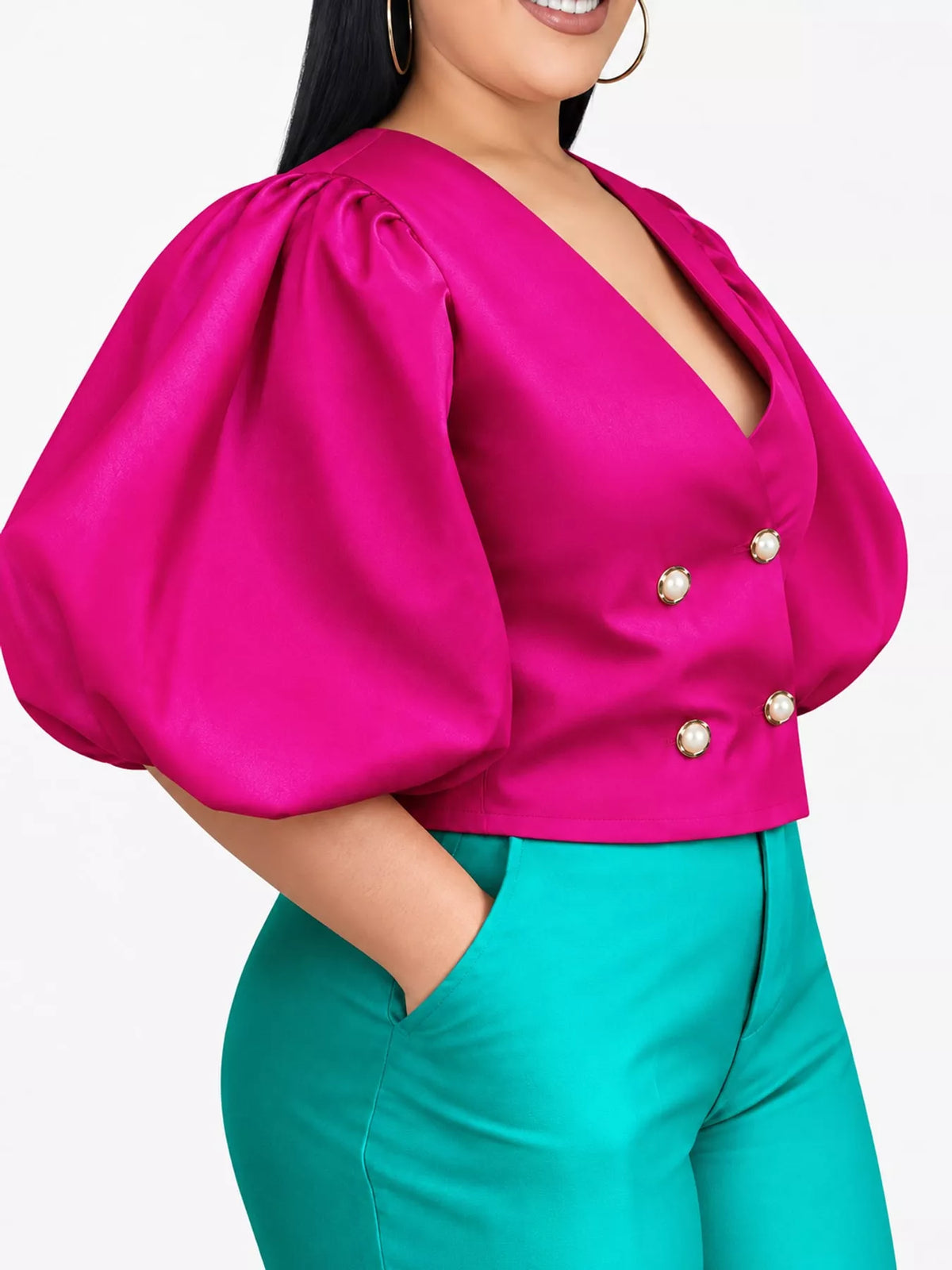 Fuchsia double-breasted puff sleeve blouse