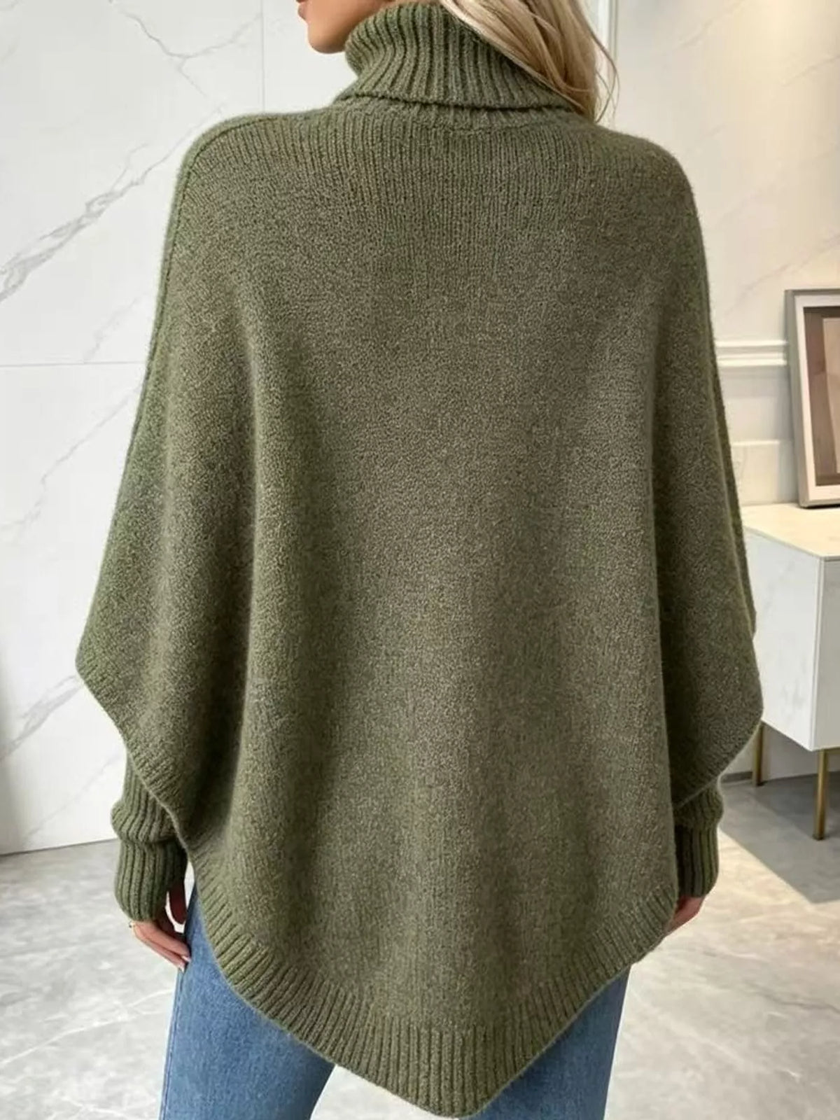 Turtleneck Cable Knit Sweater, back view in olive green