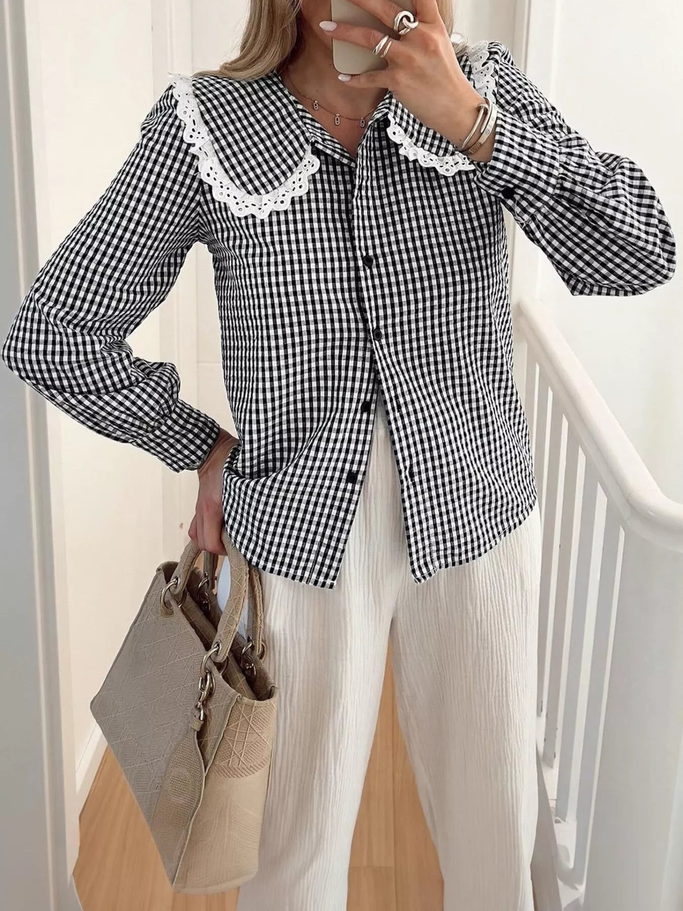Trendsi Lace Peter Pan Collar Button Up Shirt -