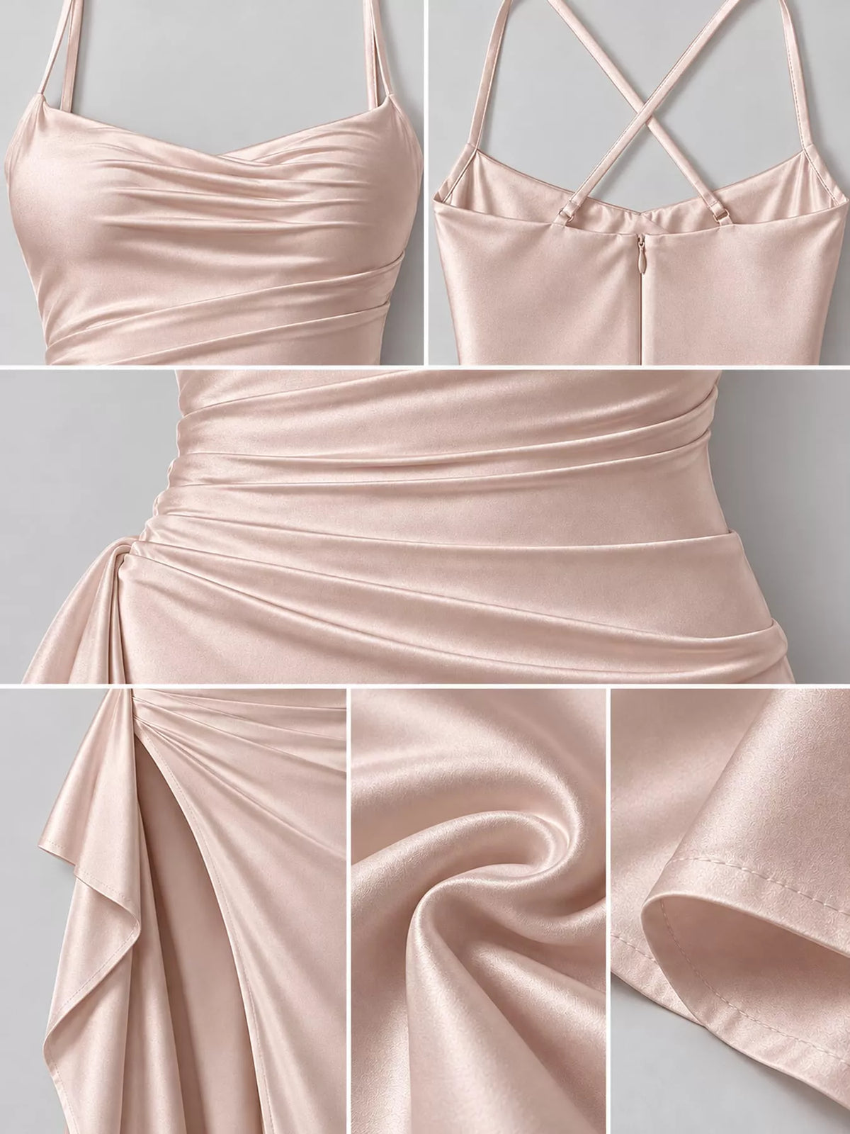 Champagne satin ruched high slit maxi dress, detail view