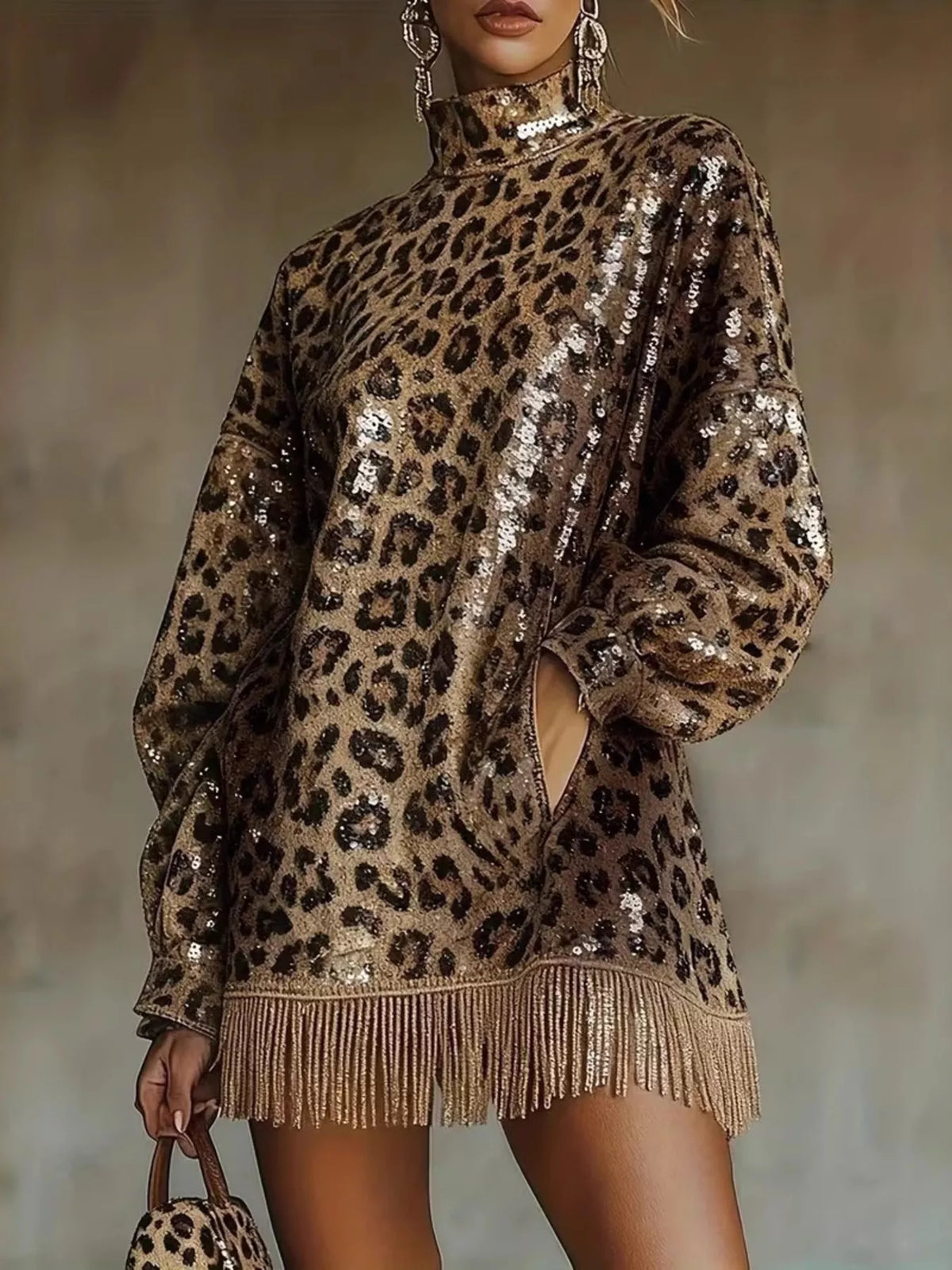 Women's Leopard Sequin Mock Neck Fringe Hem Mini Dress in Leopard, front view