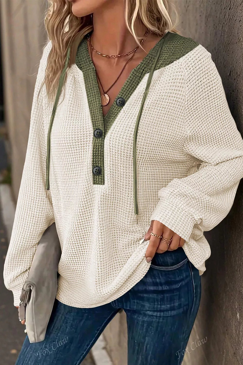 Trendsi Drawstring Waffle Knit Henley Hoodie -