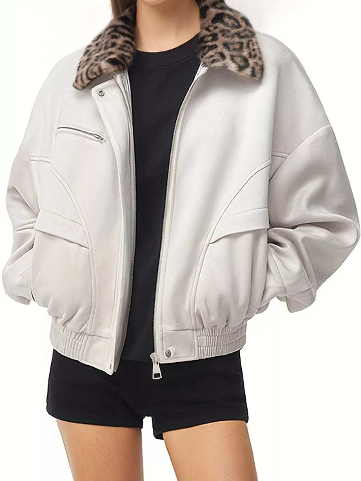 Cream leopard collar zip-up jacket — front view