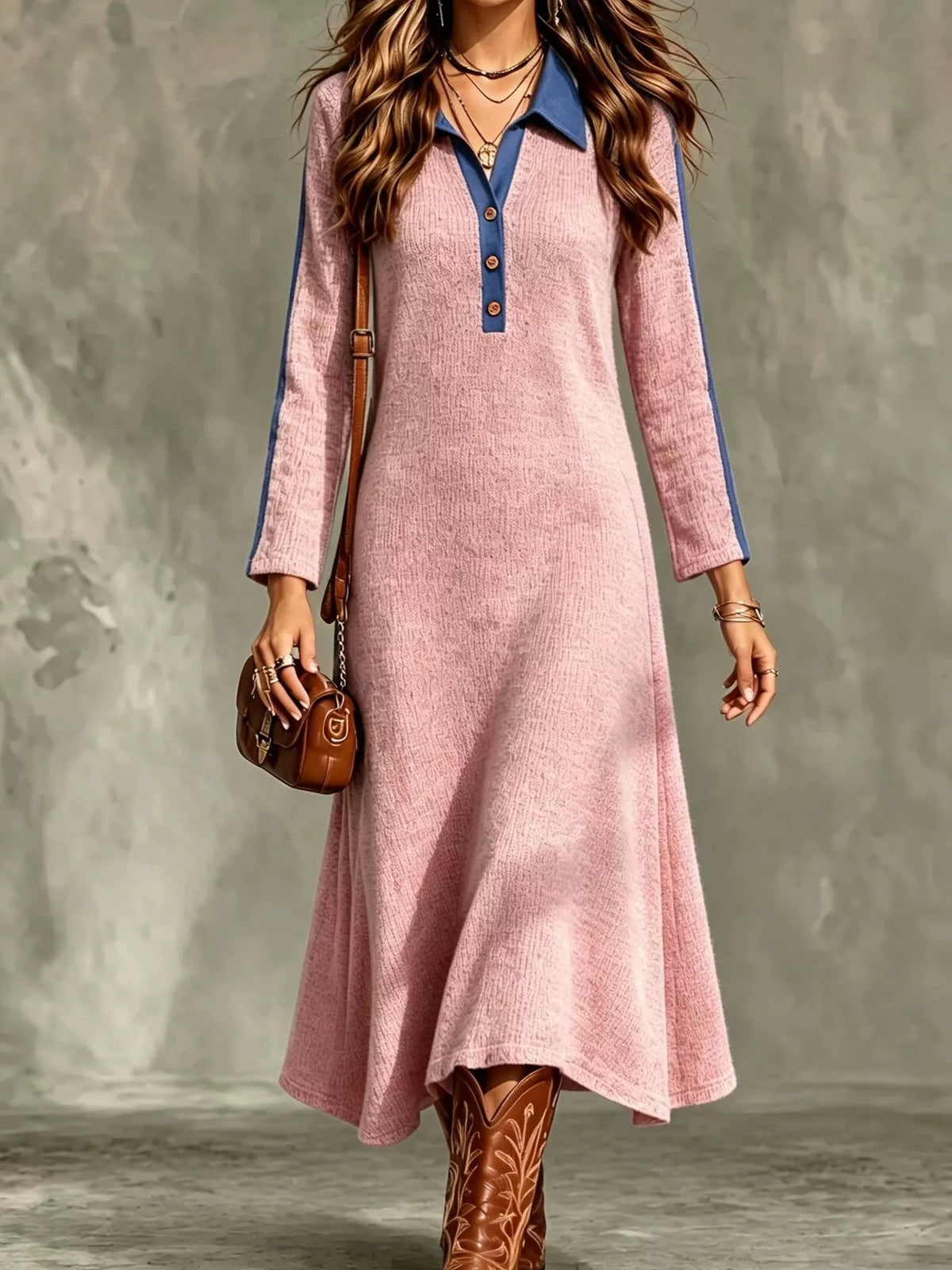 Colorblock Polo Collar Long Sleeve Sweater Dress — front view