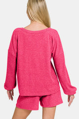 Trendsi Zenana V-Neck Long Sleeve Ribbed Top and Shorts Set -