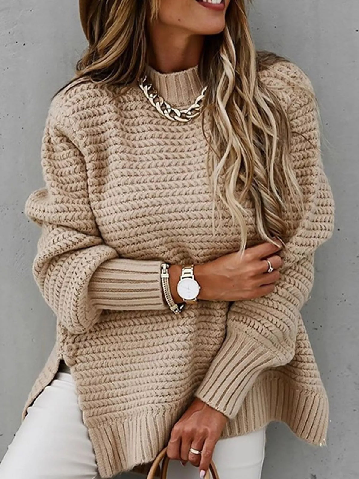 Round neck long sleeve sweater, front view on model