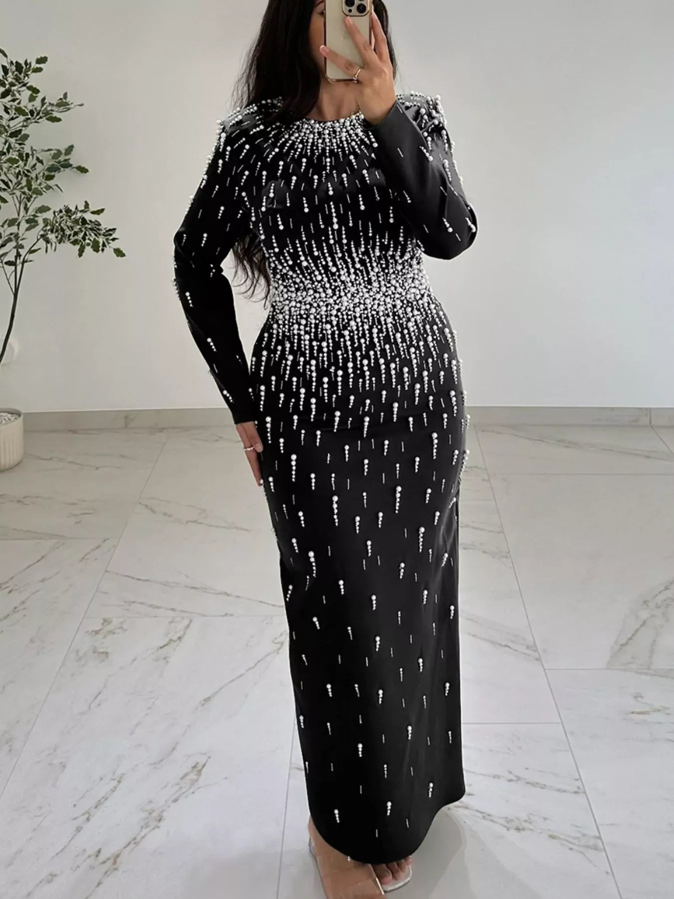 Trendsi Pearl Detail Long Sleeve Maxi Dress -