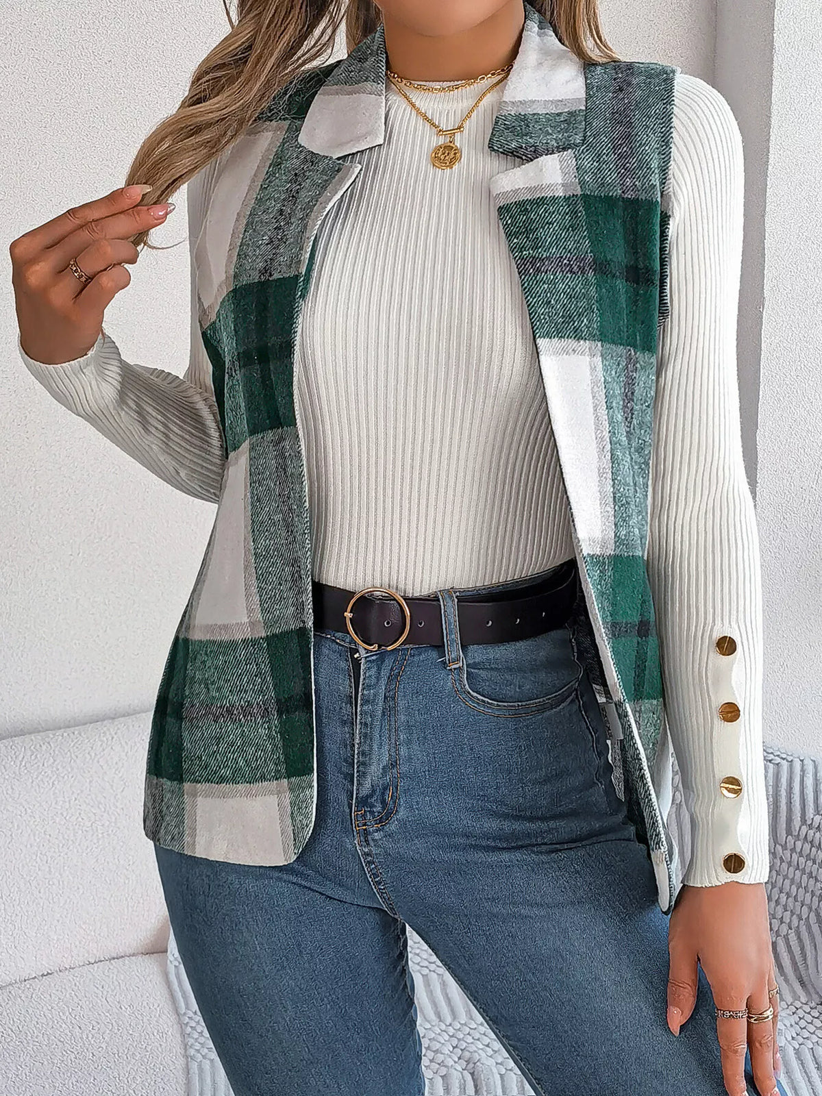 Green plaid open front vest