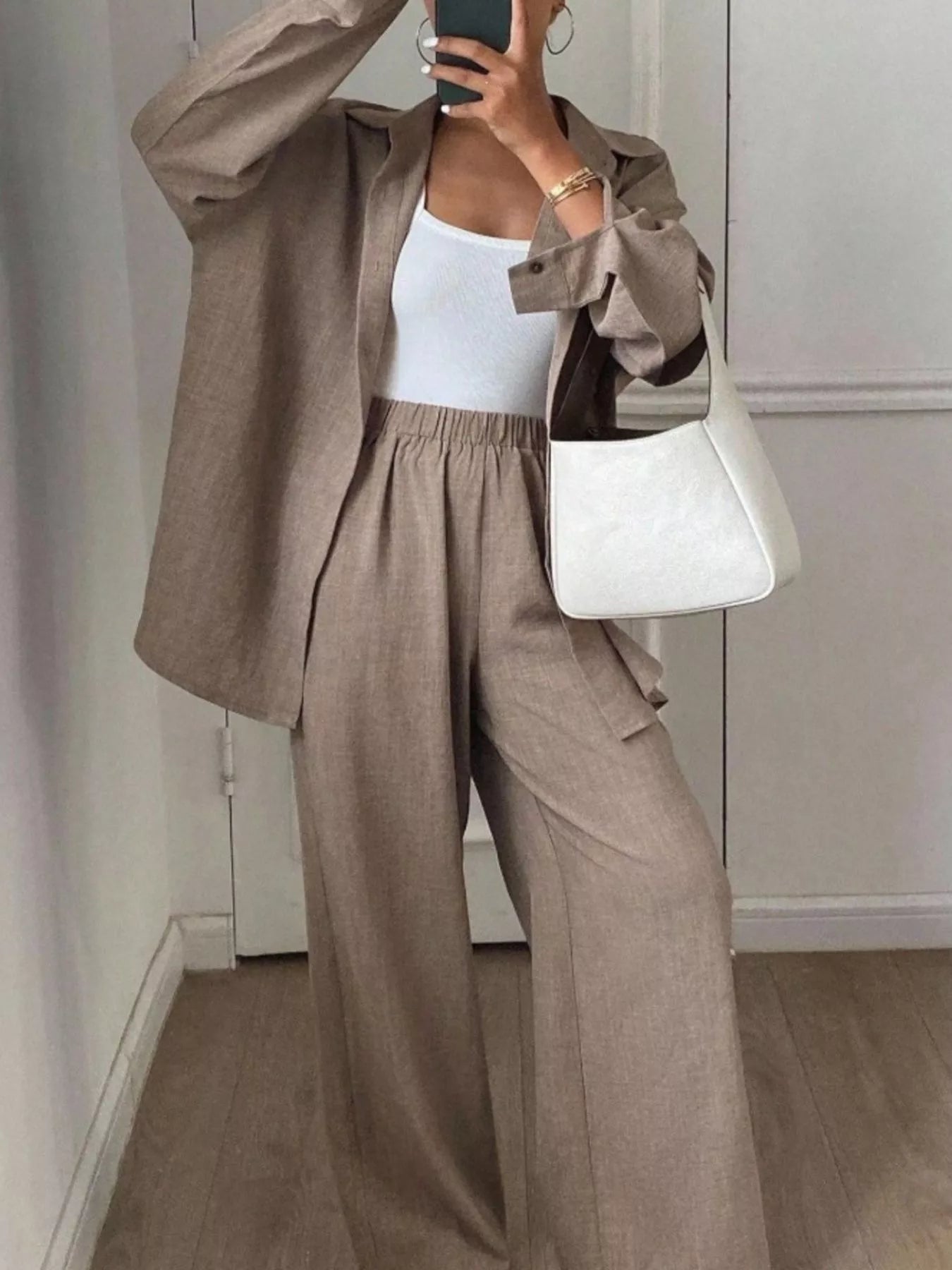 Trendsi Button Up Long Sleeve Shirt and Wide Leg Pants Set -