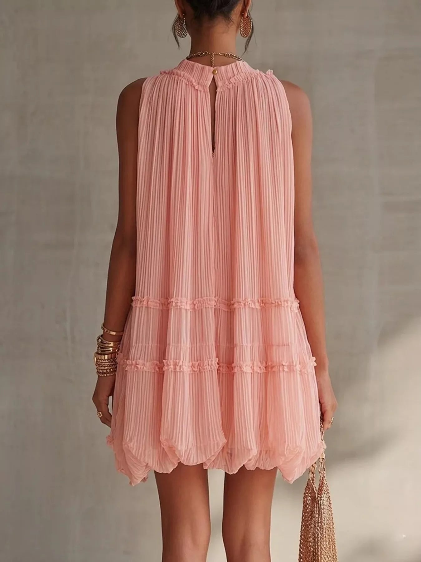 Trendsi Pleated Mock Neck Sleeveless Mini Dress -