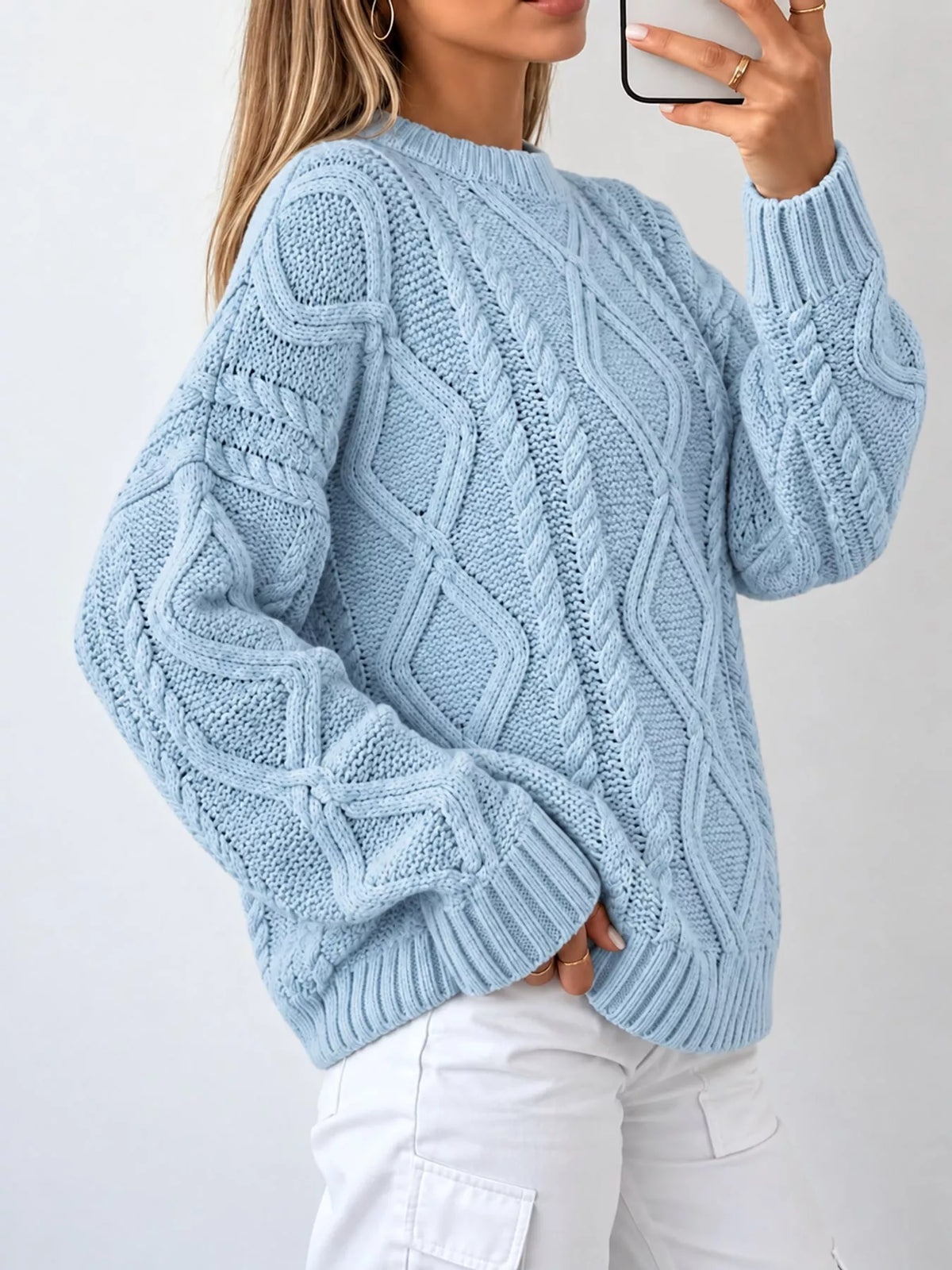 Blue cable-knit round neck sweater