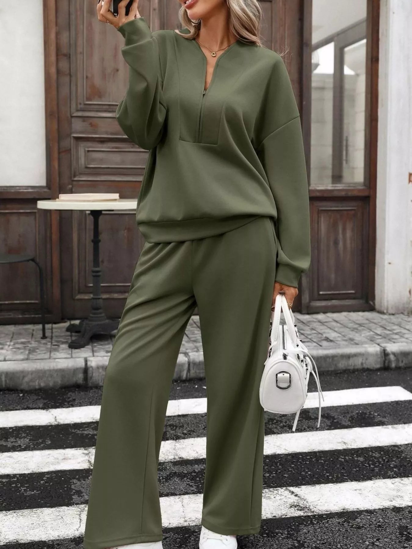 Trendsi Half Zip Sweatshirt and Wide-Leg Pants Set -