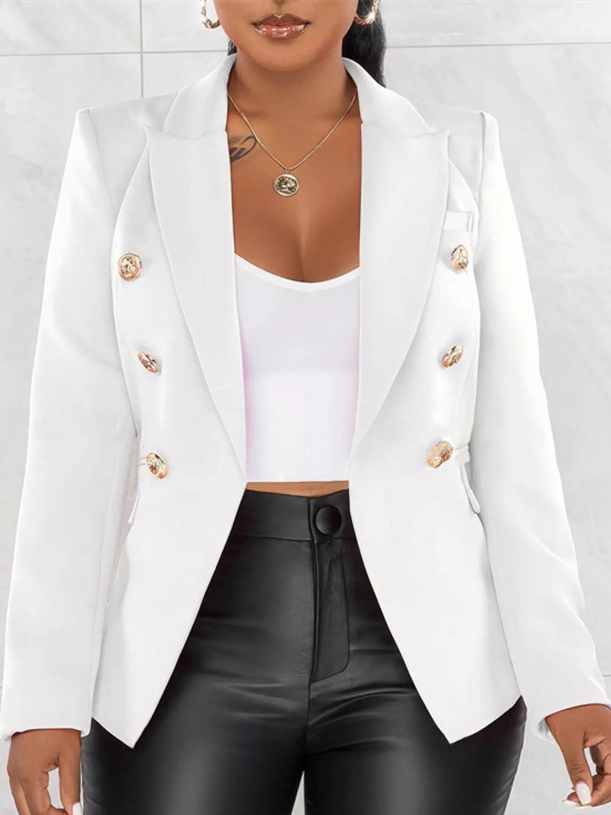 Collared long sleeve blazer, front view on model