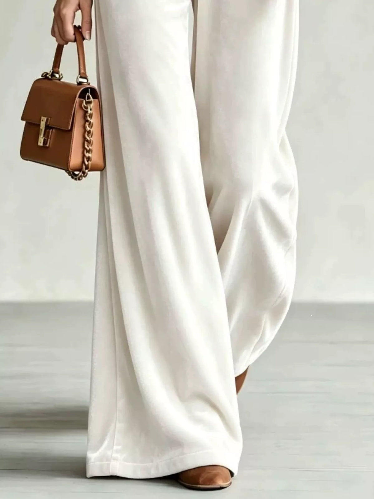 White wide-leg drawstring velvet pants, leg and velvet detail