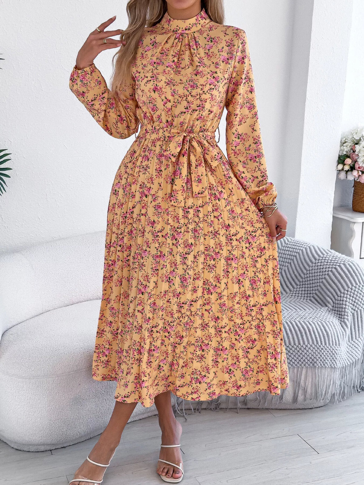 Yellow floral print long sleeve midi dress