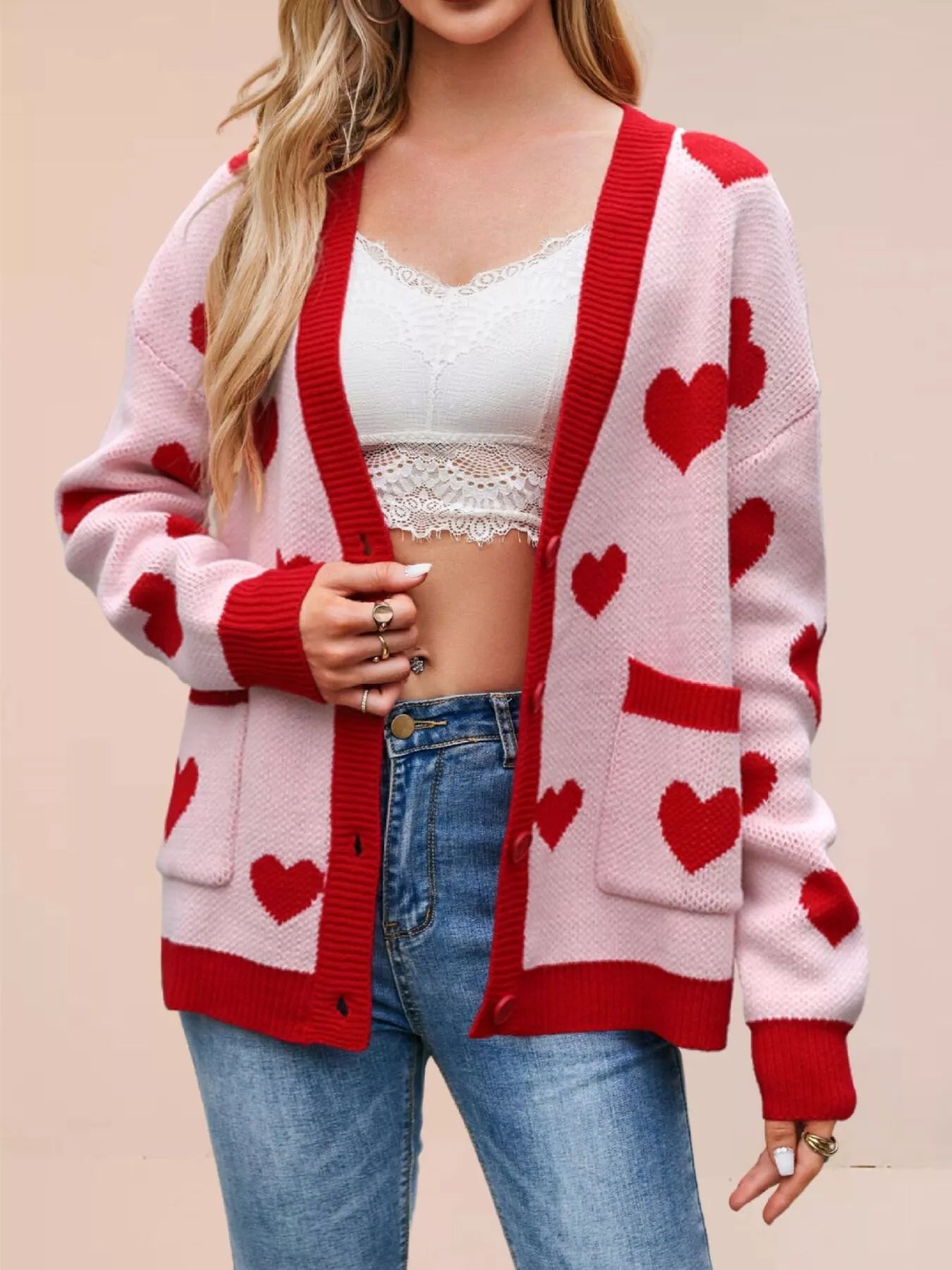 Trendsi Heart Pattern V-Neck Button-Down Knit Cardigan -