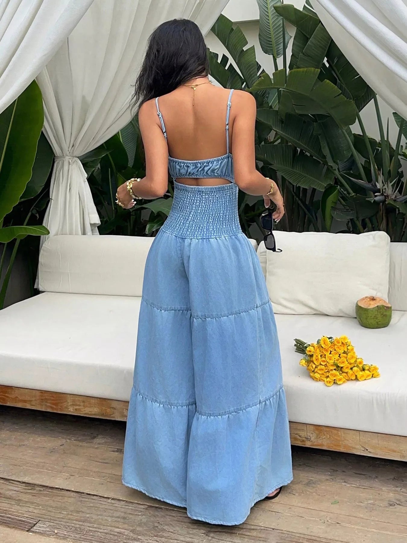 Trendsi Tie-Front Cutout Smocked Wide Leg Denim Jumpsuit -