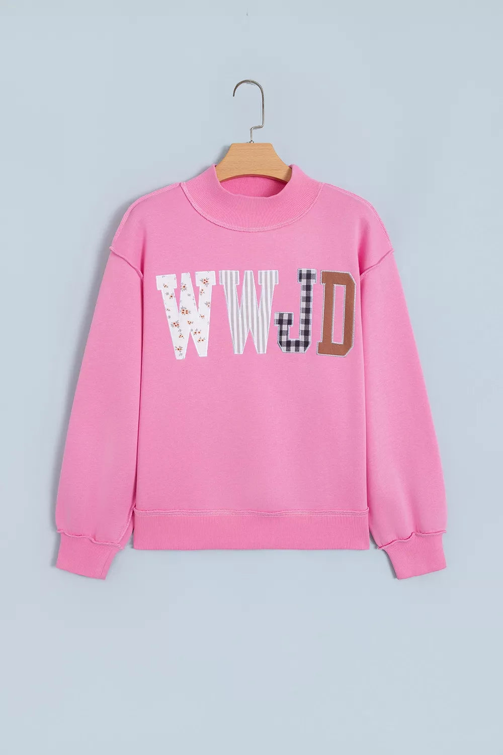 WWJD Embroidered Patch Mock Neck Sweatshirt — garment front