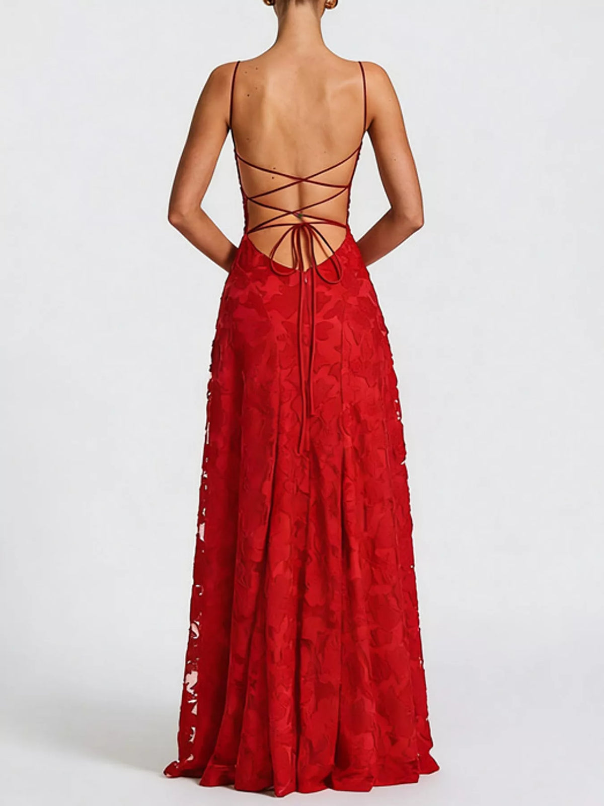 Cowl neck spaghetti-strap maxi dress, back view