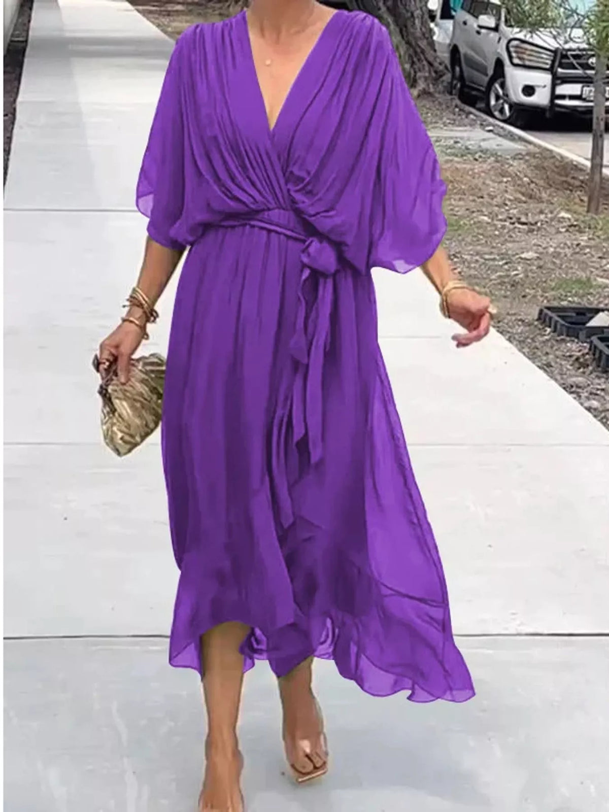 Purple batwing sleeve wrap dress with waist tie, front view