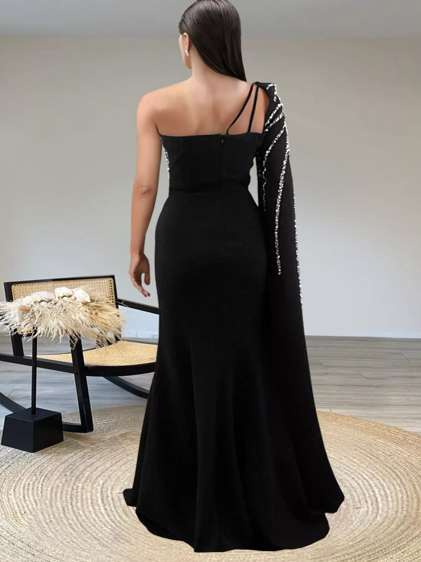 Trendsi Rhinestone Pearl Detail One-Shoulder Mermaid Maxi Dress -