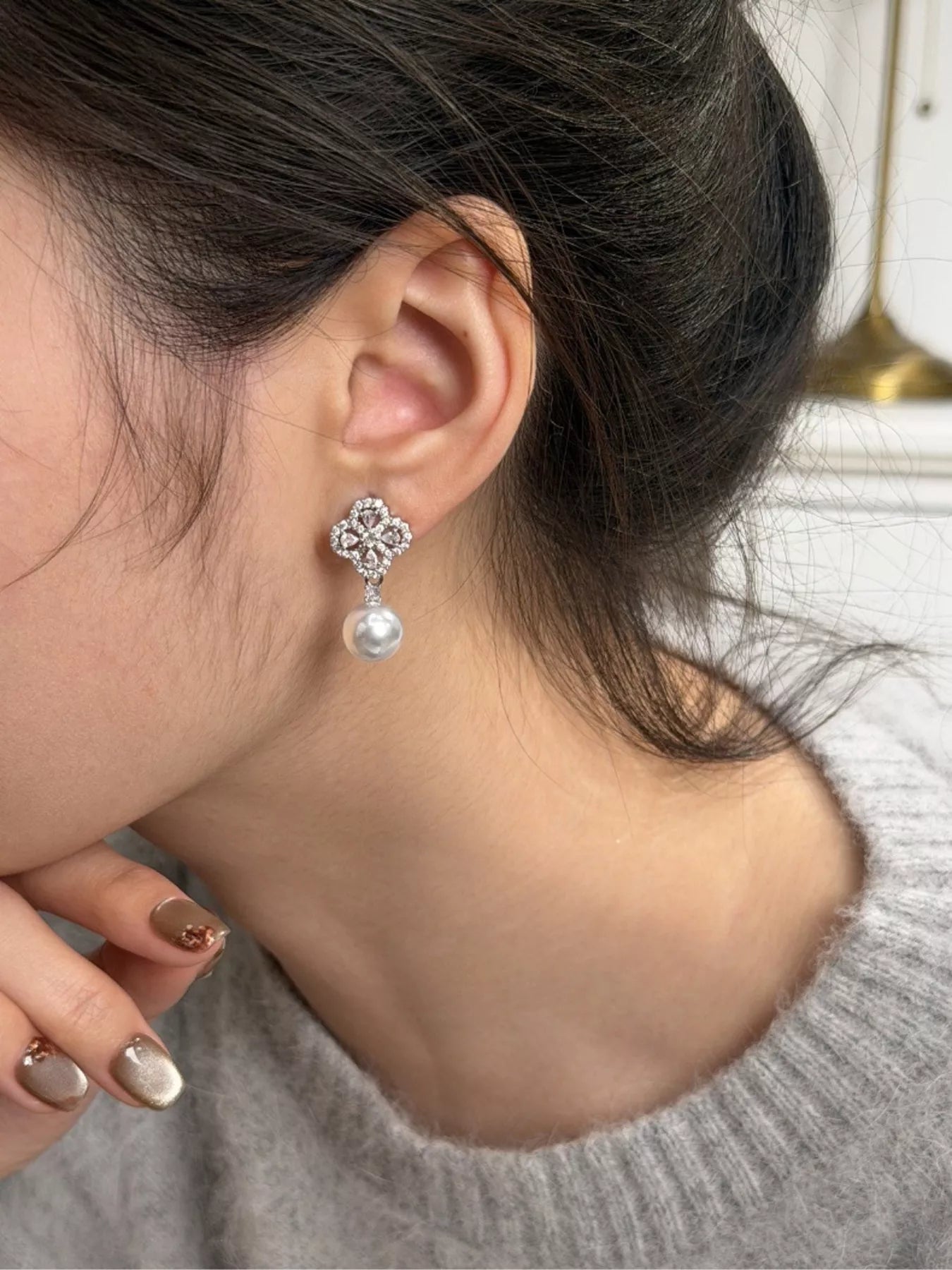Trendsi Zircon Four Leaf Clover Pearl Drop Earrings -