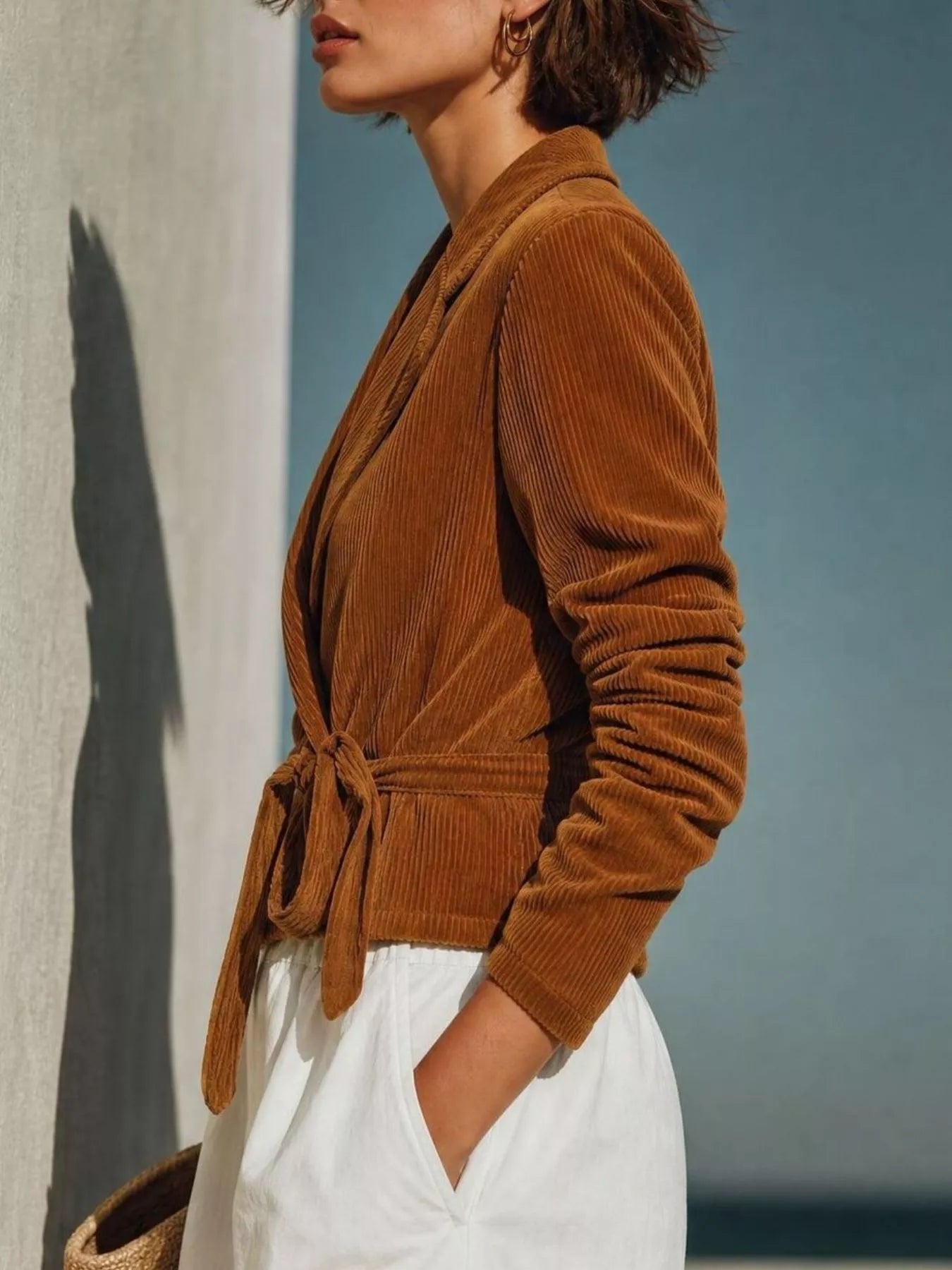 Trendsi Full Size Corduroy Wrap Jacket with Tie-Waist Plus Size -