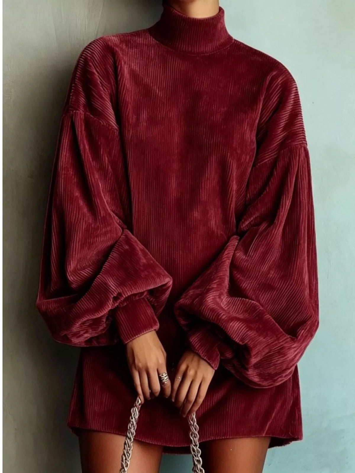 Wine Red corduroy mock neck lantern sleeve mini dress