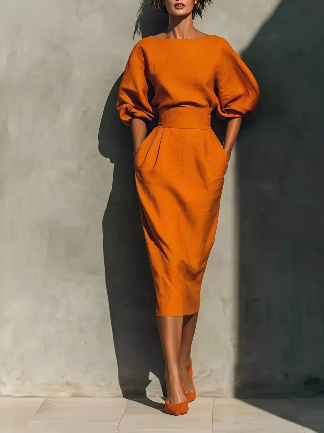 Trendsi Full Size Round Neck Puff Sleeve Midi Dress Plus Size -