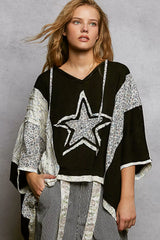 Trendsi POL Floral Star Patch Hooded Blouse with Lace Contrast Detail -