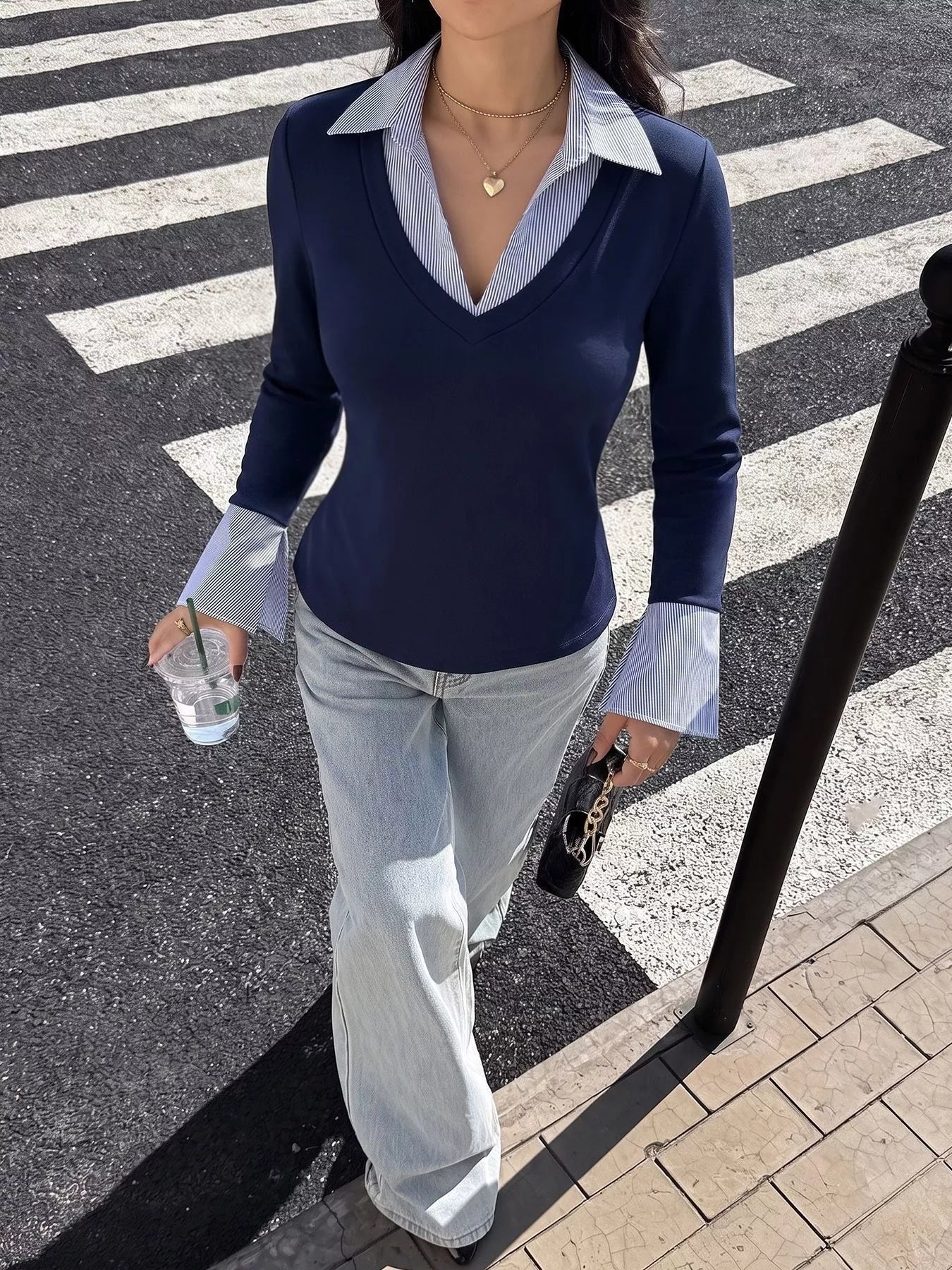 Trendsi Contrast Collar Long Sleeve Top -
