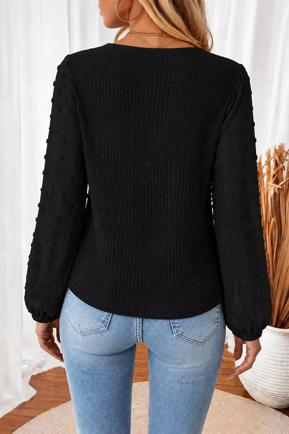 Women's Swiss Dot Long Sleeve Button-Down Shirt in Black, alternate view