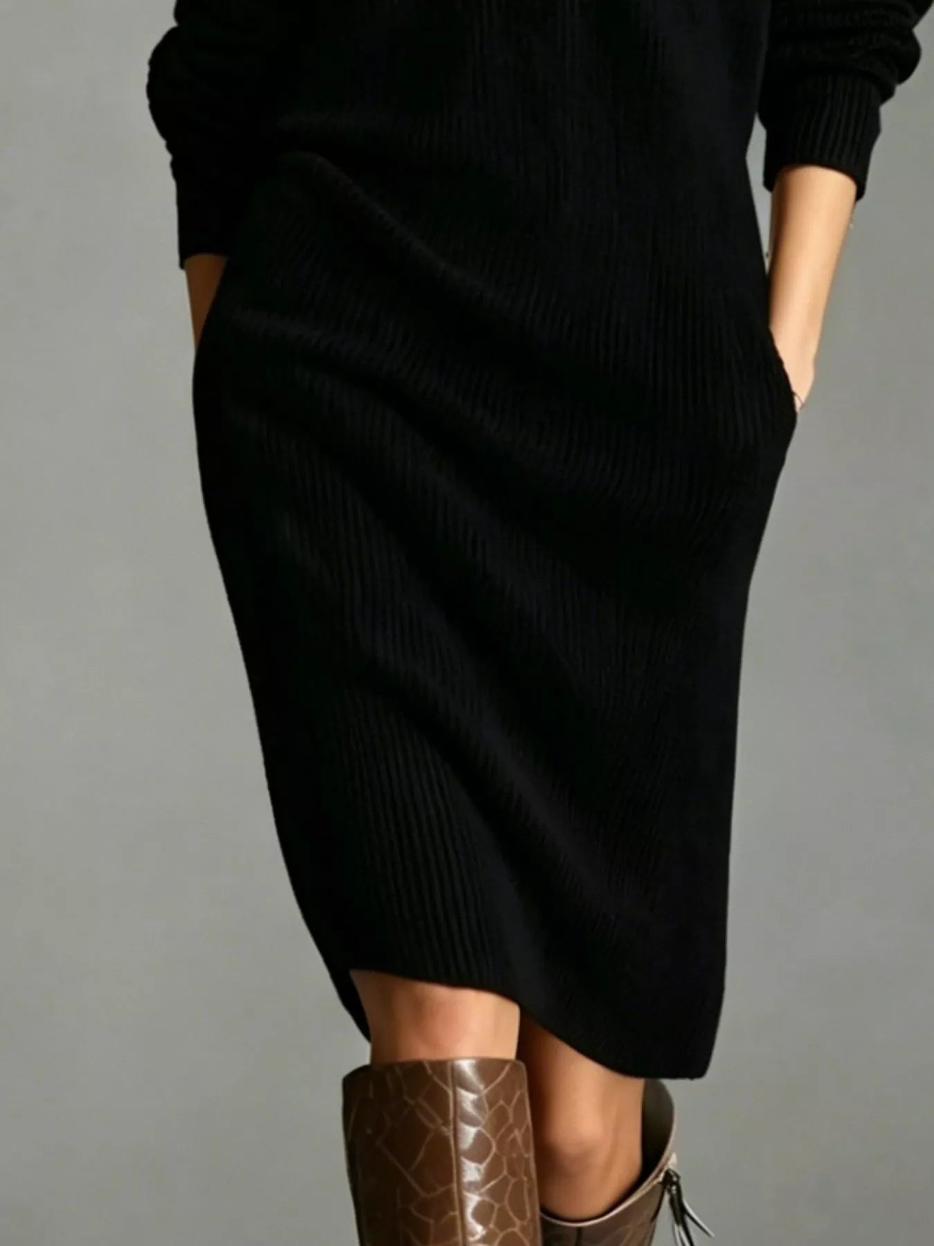 Trendsi V-Neck Half-Button Ribbed Knit Dress -