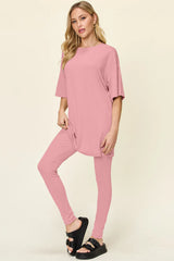 Trendsi Double Take Full Size Round Neck Dropped Shoulder T-Shirt and Leggings Set -